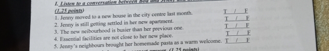 Listen to a conversation between Bod and se
(1,25 points)
1. Jenny moved to a new house in the city centre last month. T 1 F
2. Jenny is still getting settled in her new apartment. T / F
3. The new neibourhood is busier than her previous one. F
4. Essential facilities are not close to her new place. T / T / F
5. Jenny's neighbours brought her homemade pasta as a warm welcome. T______F
(1 25 paints)