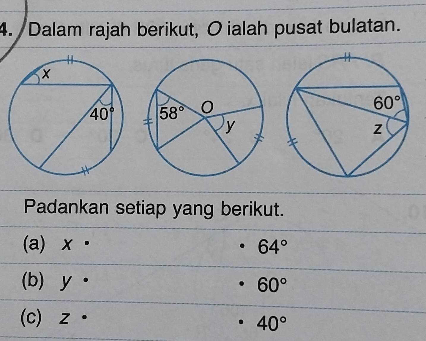 Dalam rajah berikut, O ialah pusat bulatan.
Padankan setiap yang berikut.
(a) x· 64°
(b) y°
60°
(c) Z°
40°