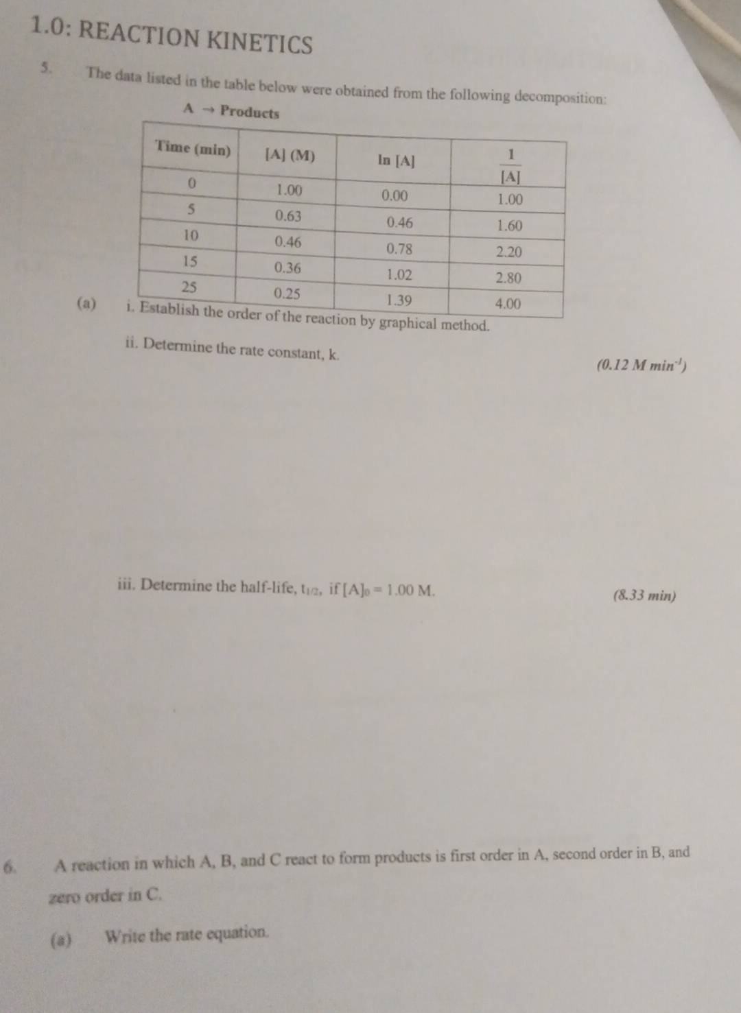 1.0: REACTION KINETICS
5. The data listed in the table below were obtained from the following decomposition:
A → Products
(a).
ii. Determine the rate constant, k.
(0.12Mmin^(-1))
iii. Determine the half-life, t a,if [A]_0=1.00M. (8.33 min)
6. A reaction in which A, B, and C react to form products is first order in A, second order in B, and
zero order in C.
(a) Write the rate equation.