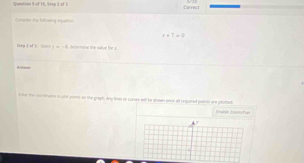 of 15, Step 2 of 3 Correct 5/19 
Consider the following equation.
x+7=0
Step 2 of 3 : Given y=-6 , determine the value for . c. 
Answer 
Enter the coordinates to plot points on the graph. Any lines or curves will be drawn once all required points are plotted. 
Enable Zoom/Pan
y
10
5