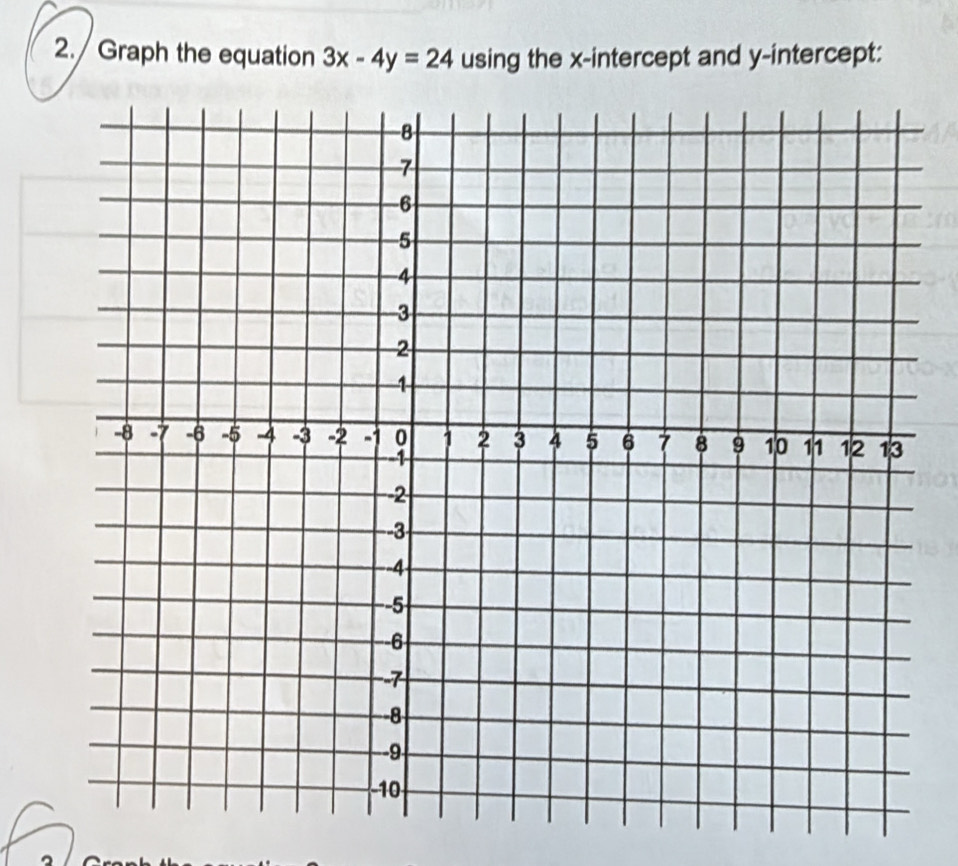 Graph the equation 3x-4y=24 using the x-intercept and y-intercept: