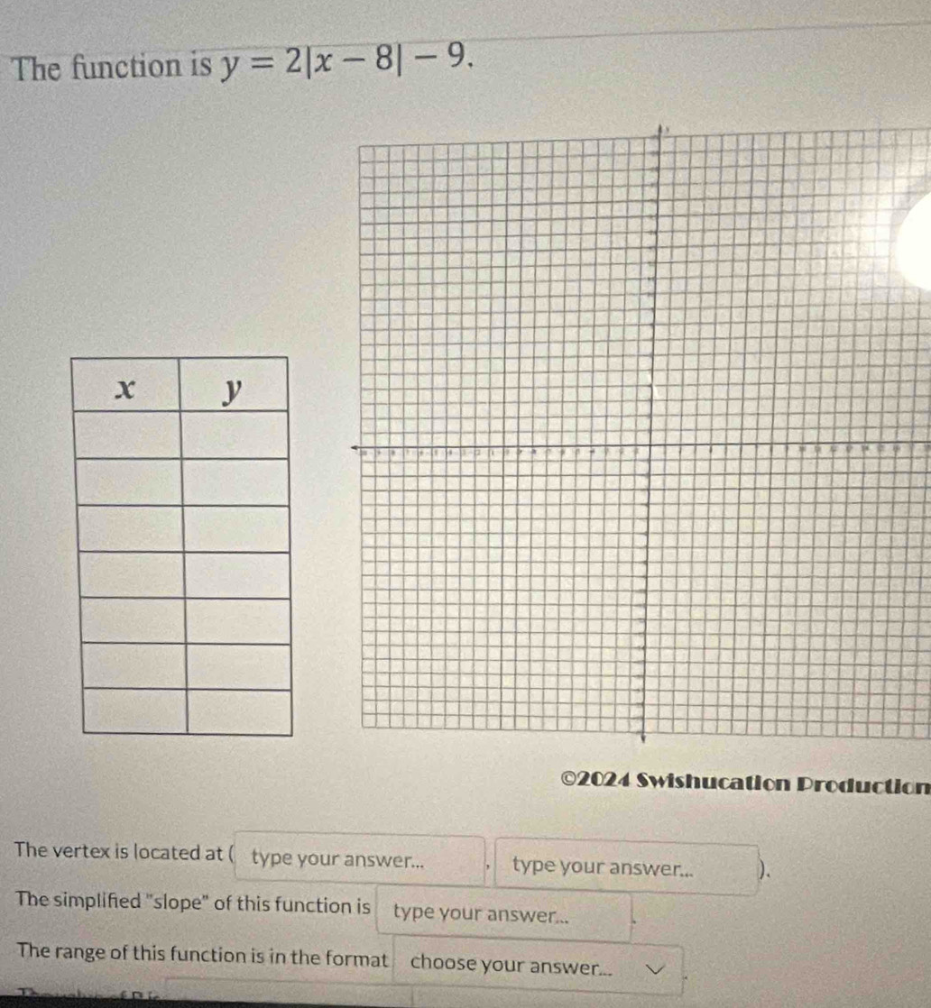 The function is y=2|x-8|-9. 
©2024 Swishucation Production 
The vertex is located at (type your answer... type your answer... ). 
The simplified "slope" of this function is type your answer... 
The range of this function is in the format choose your answer...