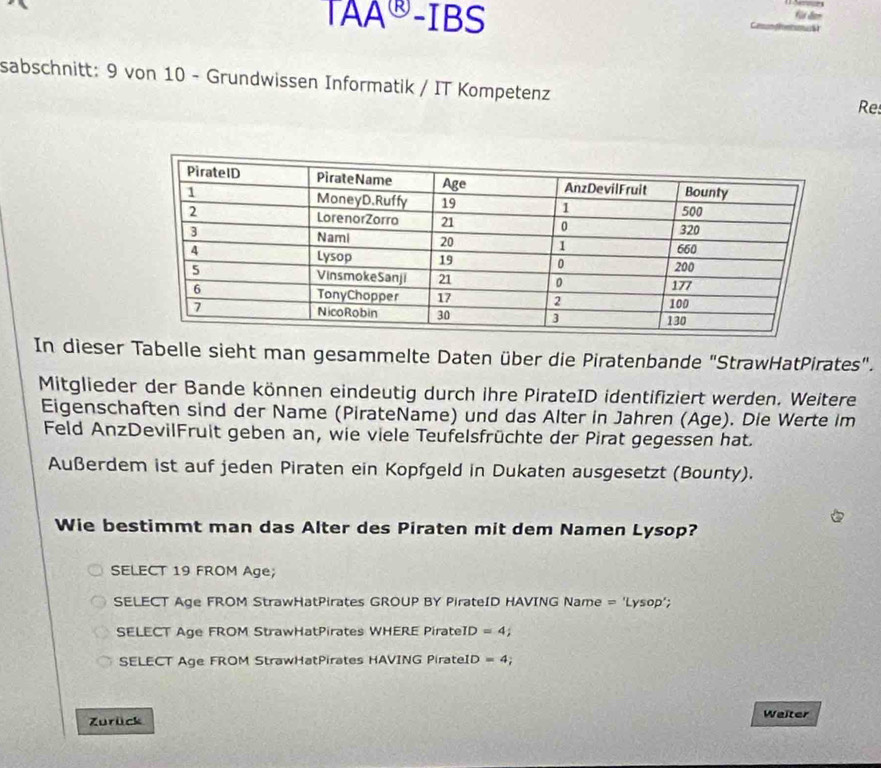 TAA®-IBS 
t 
sabschnitt: 9 von 10 - Grundwissen Informatik / IT Kompetenz 
Res 
In dieser Tabelle sieht man gesammelte Daten über die Piratenbande "StrawHatPirates". 
Mitglieder der Bande können eindeutig durch ihre PirateID identifiziert werden. Weitere 
Eigenschaften sind der Name (PirateName) und das Alter in Jahren (Age). Die Werte im 
Feld AnzDevilFruit geben an, wie viele Teufelsfrüchte der Pirat gegessen hat. 
Außerdem ist auf jeden Piraten ein Kopfgeld in Dukaten ausgesetzt (Bounty). 
Wie bestimmt man das Alter des Piraten mit dem Namen Lysop? 
SELECT 19 FROM Age; 
SELECT Age FROM StrawHatPirates GROUP BY PirateID HAVING Name = ‘Lysop’; 
SELECT Age FROM StrawHatPirates WHERE PirateID =4; 
SELECT Age FROM StrawHatPirates HAVING PirateID =4; 
Zurück 
Weiter