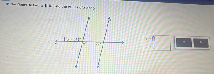 In the figure below, hparallel k Find the values of x and y.
x=□
×
y=□