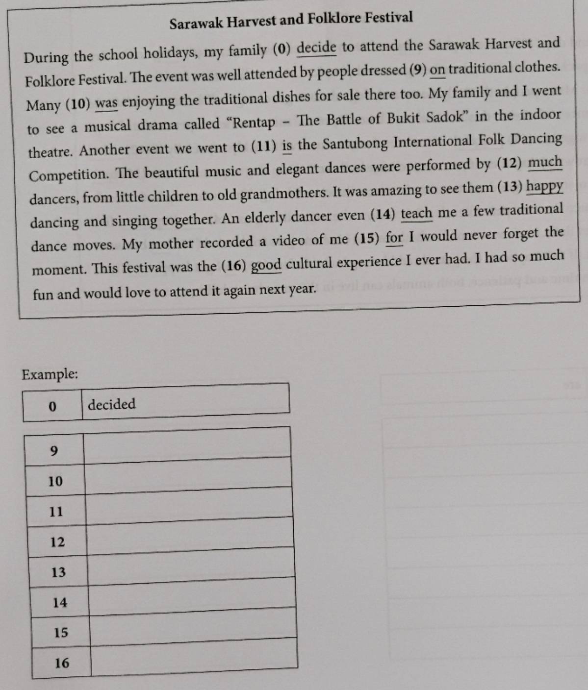 Sarawak Harvest and Folklore Festival 
During the school holidays, my family (0) decide to attend the Sarawak Harvest and 
Folklore Festival. The event was well attended by people dressed (9) on traditional clothes. 
Many (10) was enjoying the traditional dishes for sale there too. My family and I went 
to see a musical drama called “Rentap - The Battle of Bukit Sadok” in the indoor 
theatre. Another event we went to (11) is the Santubong International Folk Dancing 
Competition. The beautiful music and elegant dances were performed by (12) much 
dancers, from little children to old grandmothers. It was amazing to see them (13) happy 
dancing and singing together. An elderly dancer even (14) teach me a few traditional 
dance moves. My mother recorded a video of me (15) for I would never forget the 
moment. This festival was the (16) good cultural experience I ever had. I had so much 
fun and would love to attend it again next year. 
Example: 
0 decided