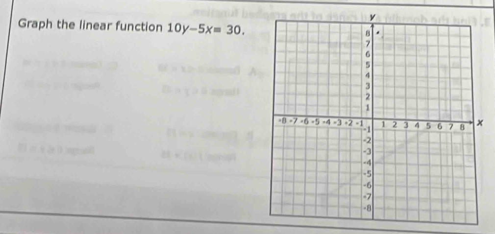 Graph the linear function 10y-5x=30.