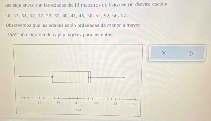 Las siguientes son las edades de 15 maestros de física en un distrito escolar.
30, 33, 34, 37, 37, 38, 39, 40, 41, 46, 50, 52, 52, 56, 57. 
Observemos que las edades están ordenadas de menor a mayor. 
Hacer un diagrama de caja y bigotes para los datos. 
×