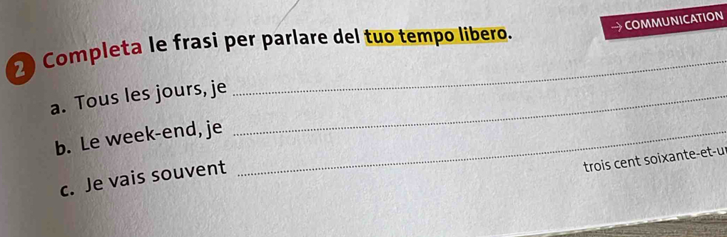 COMMUNICATION 
Completa le frasi per parlare del tuo tempo libero. 
a. Tous les jours, je_ 
b. Le week-end, je_ 
c. Je vais souvent 
trois cent soixante-et-u