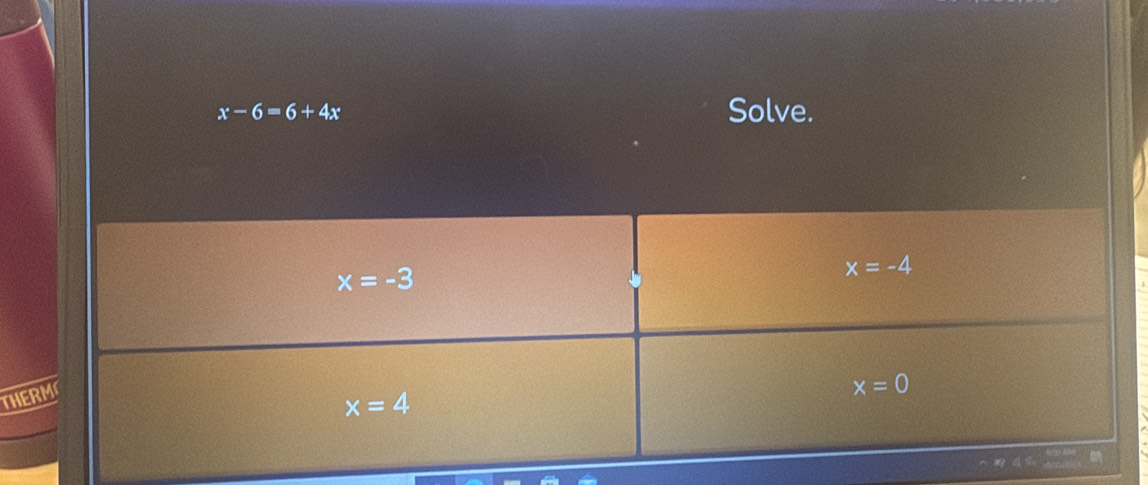 x-6=6+4x Solve.
TH