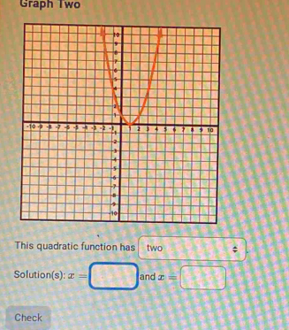 Graph Two 
This quadratic function has two ; 
Solution(s): x= □ and x=□
Check