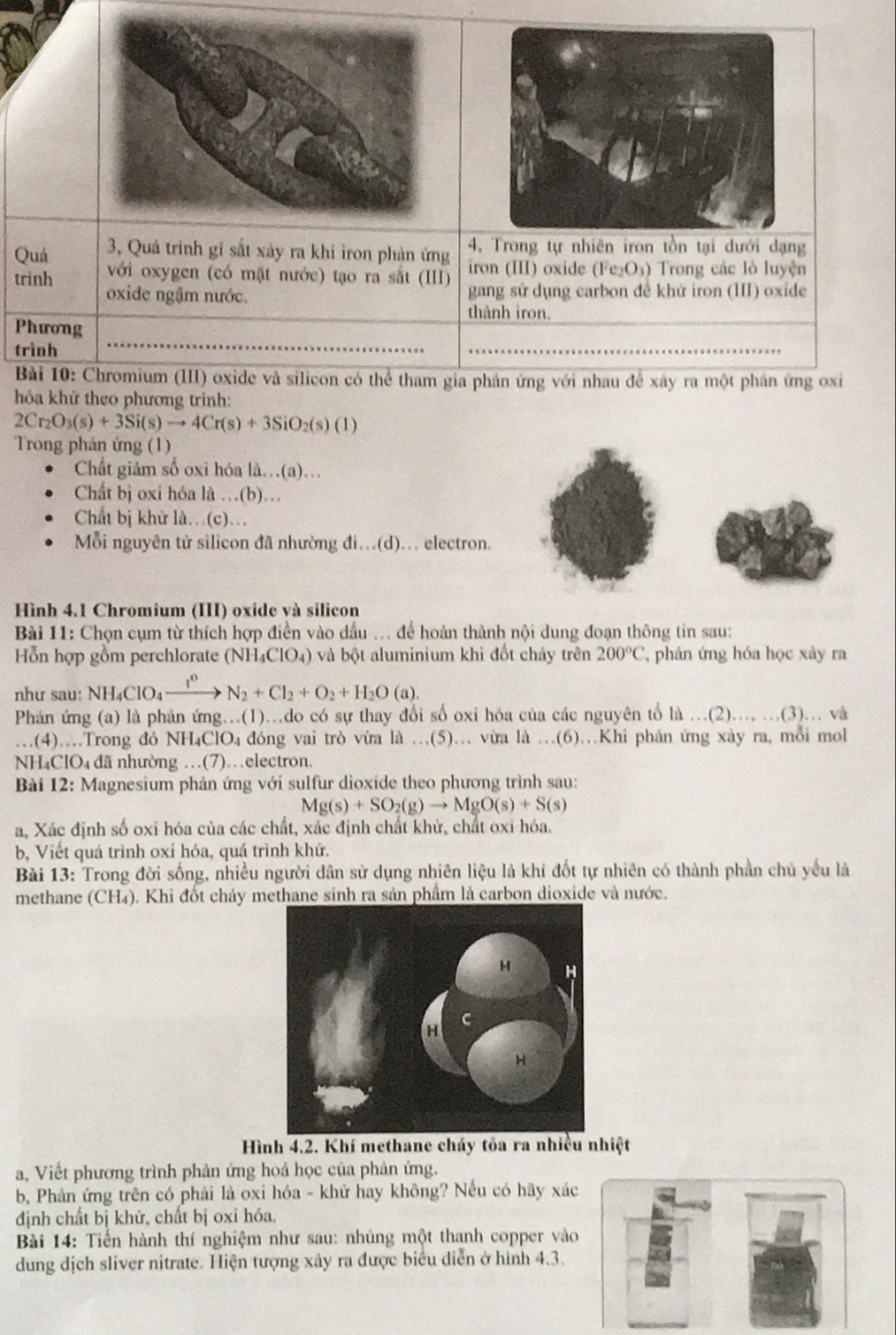 Quá 3, Quá trình gí sắt xảy ra khi iron phản ứng 4, Trong tự nhiên iron tồn tại dưới dạng
iron (III) oxide (Fe₂O₃) Trong các lò luyện
với oxygen (có mặt nước) tạo ra sắt (III) gang sử dụng carbon đề khử iron (III) oxide
trinh oxide ngậm nước.
thành iron.
_
Phương
trình
_
_
Bài 10: Chromium (III) oxide và silicon có thể tham gia phán ứng với nhau đề xây ra một phán ứng oxi
hóa khử theo phương trình:
2Cr_2O_3(s)+3Si(s)to 4Cr(s)+3SiO_2(s)(l)
Trong phản ứng (1)
Chất giám số oxi hóa là.(a)...
Chất bị oxi hỏa là …(b)…
Chất bị khử là.(c)...
Mỗi nguyên tử silicon đã nhường đi.(d). electron.
Hình 4.1 Chromium (III) oxide và silicon
Bài 11: Chọn cụm từ thích hợp điền vào dầu ... để hoàn thành nội dung đoạn thông tin sau:
Hỗn hợp gồm perchlorate (NH4 ClO_4) ) và bột aluminium khì đốt cháy trên 200°C 'phản ứng hóa học xày ra
như sau: NH_4ClO_4xrightarrow t^0N_2+Cl_2+O_2+H_2O(a).
Phản ứng (a) là phản ứng..(1)...do có sự thay đổi số oxi hóa của các nguyên tố l 4...(2)...,....(3)… và
…(4)..Trong đó NH₄ClO₄ đóng vai trò vừa là .(5).. vừa là ..(6)..Khi phán ứng xày ra, mỗi mol
N NH_4ClO_4 dã nhường .(7).electron.
Bài 12: Magnesium phản ứng với sulfur dioxide theo phương trình sau:
Mg(s)+SO_2(g)to MgO(s)+S(s)
a, Xác định số oxi hóa của các chất, xác định chất khử, chất oxi hóa.
b, Viết quá trình oxỉ hóa, quá trình khử.
Bài 13: Trong đời sống, nhiều người dân sử dụng nhiên liệu là khí đốt tự nhiên có thành phần chủ yếu là
methane (CH₄). Khi đốt cháy methane sinh ra sản phẩm là carbon dioxide và nước.
Hình 4.2. Khí methane cháy tỏa ra nhiều nhiệt
a, Viết phương trình phản ứng hoá học của phản ứng.
b, Phản ứng trên có phải là oxi hóa - khử hay không? Nếu có hãy xác
định chất bị khử, chất bị oxỉ hóa.
Bài 14: Tiến hành thí nghiệm như sau: nhúng một thanh copper vào
dung dịch sliver nitrate. Hiện tượng xảy ra được biểu diễn ở hình 4.3.