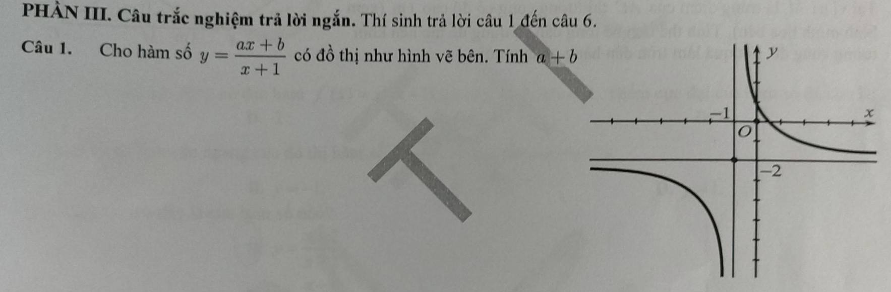 PHÀN III. Câu trắc nghiệm trả lời ngắn. Thí sinh trả lời câu 1 đến câu 6.
Câu 1. Cho hàm số y= (ax+b)/x+1  có đồ thị như hình vẽ bên. Tính a+b