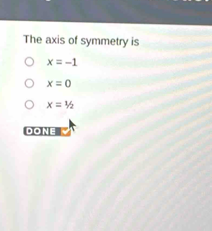 The axis of symmetry is
x=-1
x=0
x=1/2
DONE