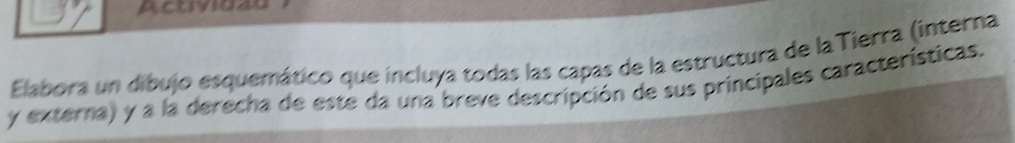 Acoividãu 
Elabora un díbujo esquemático que incluya todas las capas de la estructura de la Tierra (interna 
y externa) y a la derecha de este da una breve descripción de sus principales características.