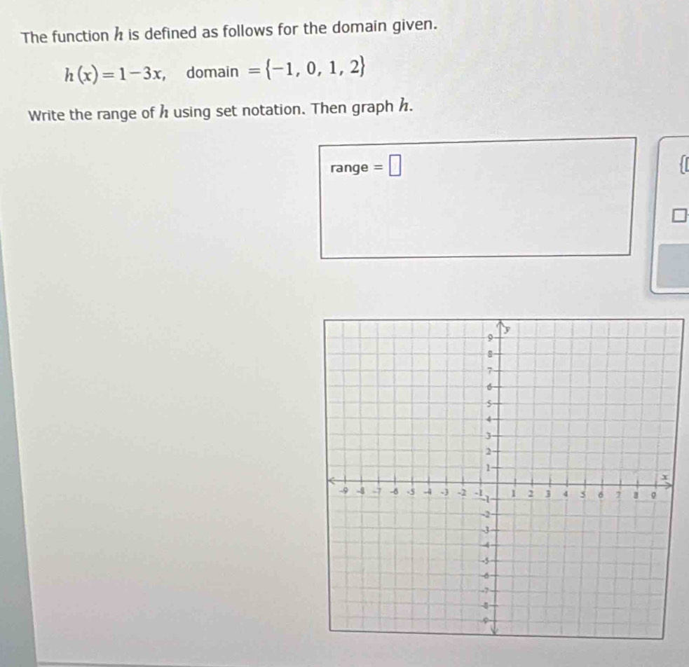 The function h is defined as follows for the domain given.
h(x)=1-3x , domain = -1,0,1,2
Write the range of h using set notation. Then graph h. 
range =□