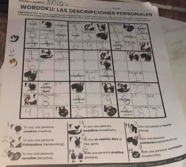 Solved: Nombre y apellidos _ Fecha WORDOKU: LAS DESCRIPCIONES PERSONALES instructionar Each rine ...