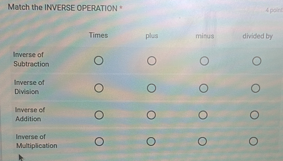 Match the INVERSE OPERATION * 
4 point