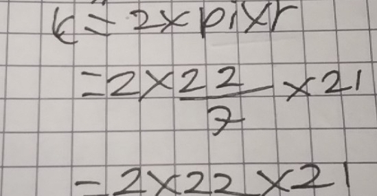 k=2* pi* r
=2*  22/7 * 21
=2* 22* 21