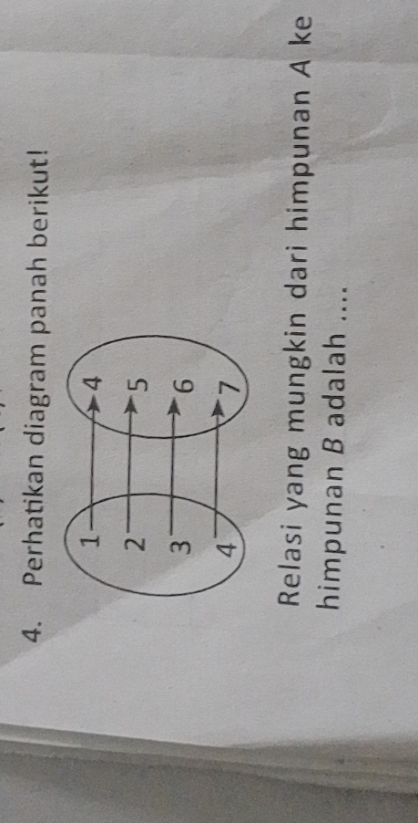 Perhatikan diagram panah berikut! 
Relasi yang mungkin dari himpunan A ke 
himpunan B adalah ....