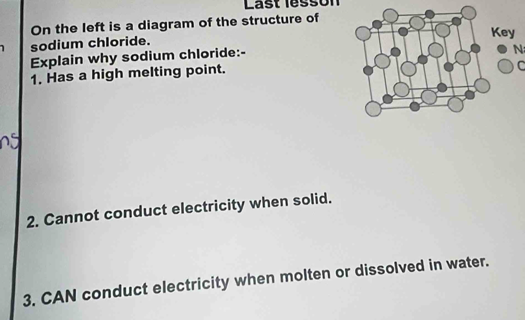 Last lesson 
On the left is a diagram of the structure of 
sodium chloride. 
Explain why sodium chloride:- 
N 
1. Has a high melting point. 
C 
2. Cannot conduct electricity when solid. 
3. CAN conduct electricity when molten or dissolved in water.