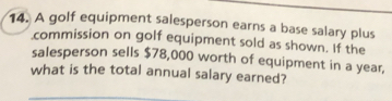 A golf equipment salesperson earns a base salary plus 
commission on golf equipment sold as shown. If the 
salesperson sells $78,000 worth of equipment in a year, 
what is the total annual salary earned?