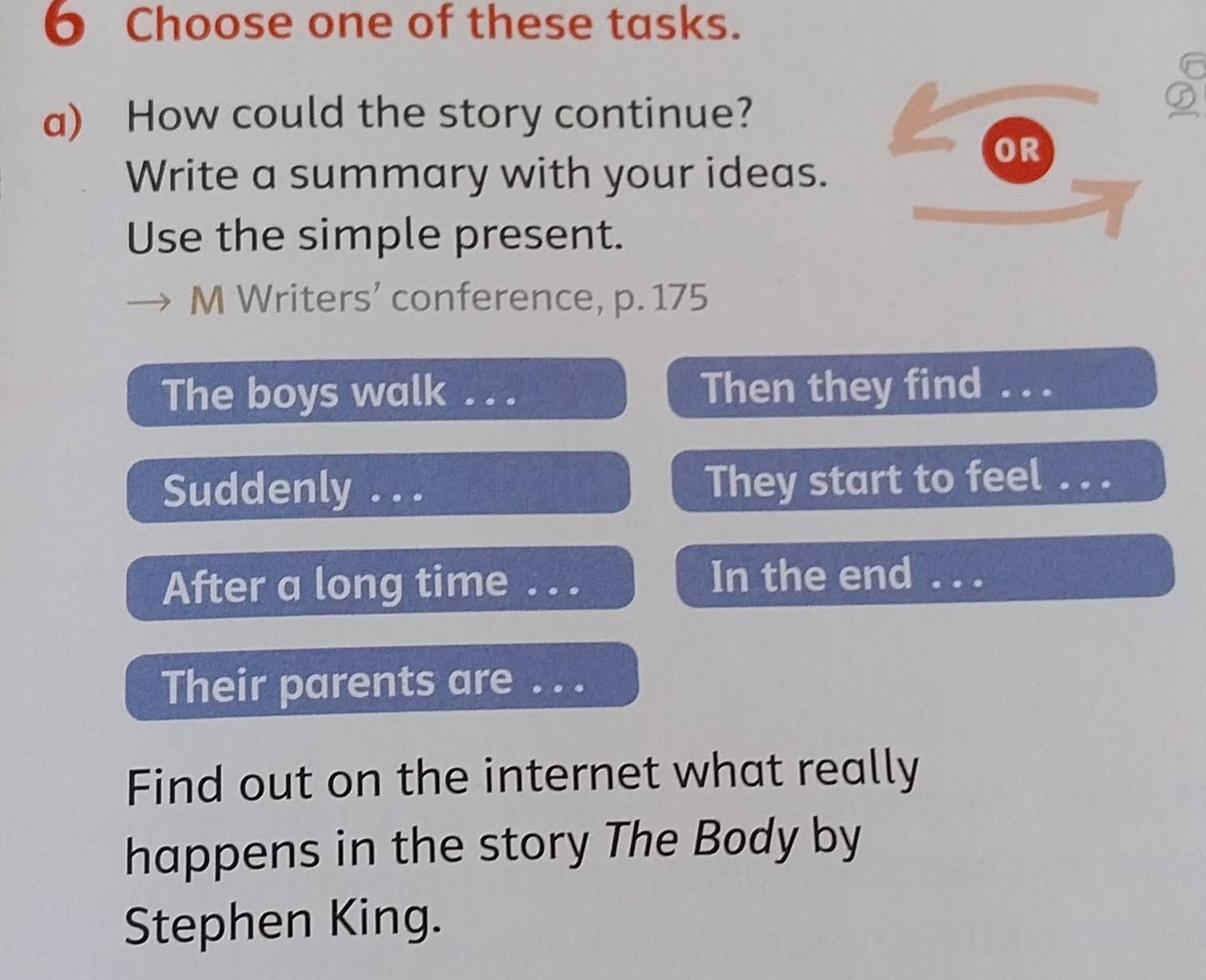 Choose one of these tasks. 
a) How could the story continue? 
OR 
Write a summary with your ideas. 
Use the simple present. 
M Writers’ conference, p. 175
The boys walk Mar Then they find 
Suddenly . .. They start to feel . . . 
After a long time _In the end . . . 
Their parents are_ 
Find out on the internet what really 
happens in the story The Body by 
Stephen King.