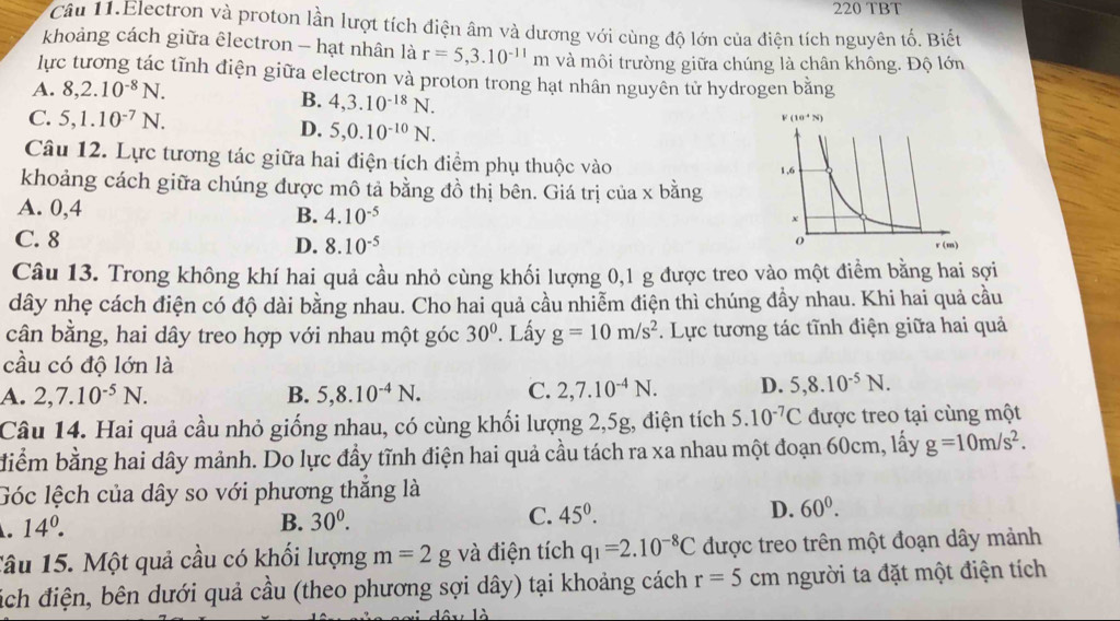 220 TBT
Câu 11.Electron và proton lần lượt tích điện âm và dương với cùng độ lớn của điện tích nguyên tố. Biết
khoảng cách giữa êlectron - hạt nhân là r=5,3.10^(-11)m và môi trường giữa chúng là chân không. Độ lớn
lực tương tác tĩnh điện giữa electron và proton trong hạt nhân nguyên tử hydrogen bằng
A. 8,2.10^(-8)N.
B. 4,3.10^(-18)N.
C. 5,1.10^(-7)N. D. 5,0.10^(-10)N.
Câu 12. Lực tương tác giữa hai điện tích điểm phụ thuộc vào 
khoảng cách giữa chúng được mô tả bằng đồ thị bên. Giá trị của x bằng
A. 0,4
B. 4.10^(-5)
C. 8
D. 8.10^(-5)
Câu 13. Trong không khí hai quả cầu nhỏ cùng khối lượng 0,1 g được treo vào một điềm bằng hai sợi
dây nhẹ cách điện có độ dài bằng nhau. Cho hai quả cầu nhiễm điện thì chúng đầy nhau. Khi hai quả cầu
cân bằng, hai dây treo hợp với nhau một góc 30°. Lấy g=10m/s^2. Lực tương tác tĩnh điện giữa hai quả
cầu có độ lớn là
A. 2,7.10^(-5)N. B. 5,8.10^(-4)N. C. 2,7.10^(-4)N. D. 5,8.10^(-5)N.
Câu 14. Hai quả cầu nhỏ giống nhau, có cùng khối lượng 2,5g, điện tích 5.10^(-7)C được treo tại cùng một
diểm bằng hai dây mảnh. Do lực đầy tĩnh điện hai quả cầu tách ra xa nhau một đoạn 60cm, lấy g=10m/s^2.
Góc lệch của dây so với phương thắng là. 14^0.
B. 30^0. C. 45^0. D. 60^0.
Tâu 15. Một quả cầu có khối lượng m=2 g và điện tích q_1=2.10^(-8)C được treo trên một đoạn dây mảnh
dich điện, bên dưới quả cầu (theo phương sợi dây) tại khoảng cách r=5 cm người ta đặt một điện tích