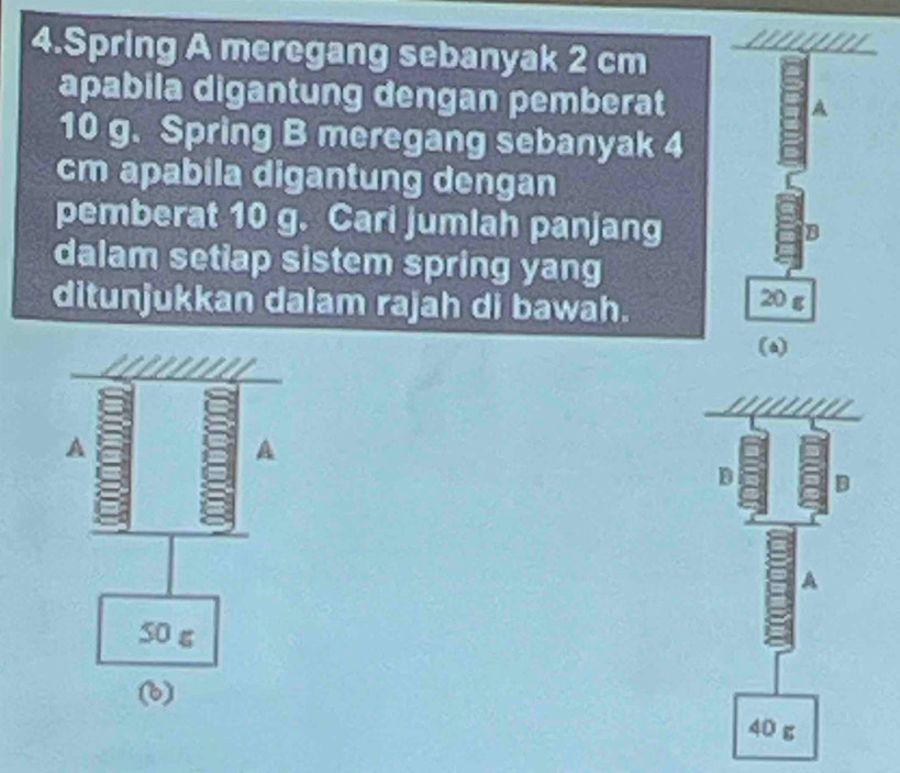 Spring A meregang sebanyak 2 cm '''''' 
apabila digantung dengan pemberat 
A
10 g. Spring B meregang sebanyak 4
cm apabila digantung dengan 
pemberat 10 g. Cari jumlah panjang 
B 
dalam setiap sistem spring yang 
ditunjukkan dalam rajah di bawah. 20g
(a)