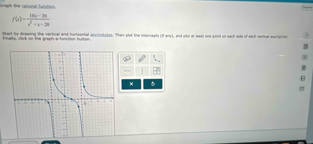 Graph the rational function. 
Ruparçe
f(x)= (10x-20)/x^2-x-20 
Start by drawing the vertical and horizontal asymptotes. Then plot the intercepts (if any), and plot at least one point on each side of each vertical asymptote. ? 
Finally, click on the graph-a-function button. 
* 
. 
×