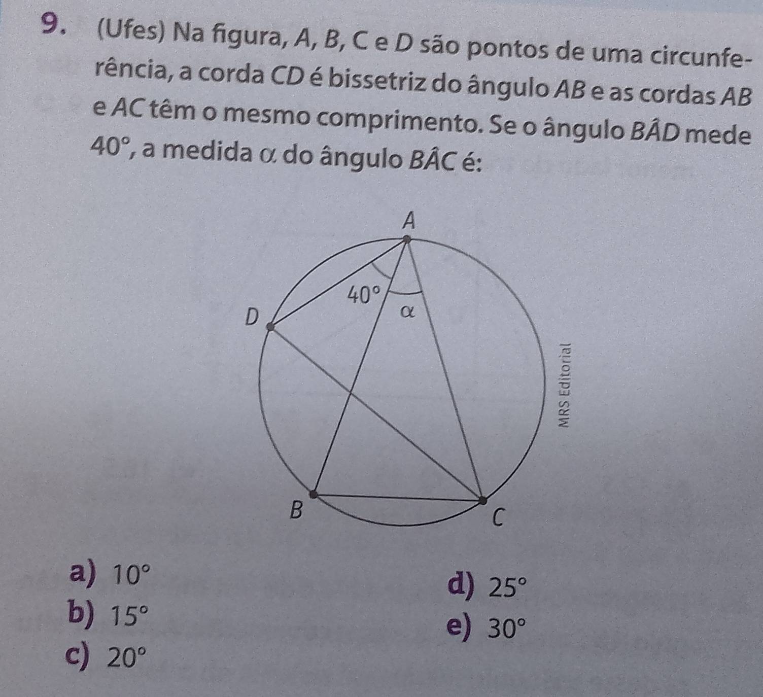 (Ufes) Na figura, A, B, C e D são pontos de uma circunfe-
rência, a corda CD é bissetriz do ângulo AB e as cordas AB
e AC têm o mesmo comprimento. Se o ângulo BÂD mede
40° a medida α do ângulo Bhat AC é:
a) 10°
d) 25°
b) 15°
e) 30°
c) 20°