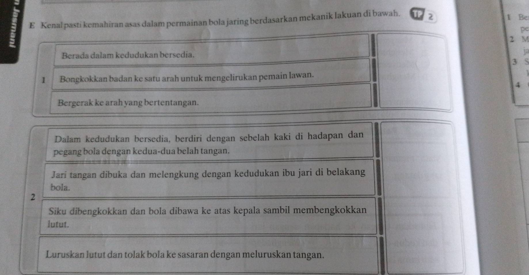 Kenal pasti kemahiran asas dalam permainan bola jaring berdasarkan mekanik lakuan di bawah. 2
1 Be 
pe
2 M
Berada dalam kedudukan bersedia. 
ja
3 S
1 Bongkokkan badan ke satu arah untuk mengelirukan pemain lawan. 
4 
Bergerak ke arah yang bertentangan. 
Dalam kedudukan bersedia, berdiri dengan sebelah kaki di hadapan dan 
pegang bola dengan kedua-dua belah tangan. 
Jari tangan dibuka dan melengkung dengan kedudukan ibu jari di belakang 
bola. 
2 
Siku dibengkokkan dan bola dibawa ke atas kepala sambil membengkokkan 
lutut. 
Luruskan lutut dan tolak bola ke sasaran dengan meluruskan tangan.