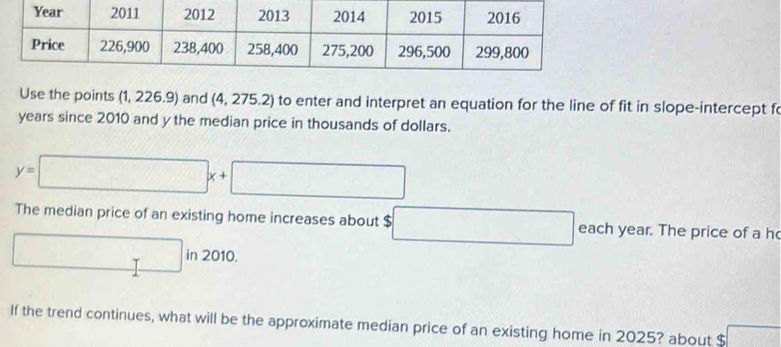 Use the points (1, 226.9) and (4,275.2) to enter and interpret an equation for the line of fit in slope-intercept fo
years since 2010 and y the median price in thousands of dollars.
y=□ x+□
The median price of an existing home increases about $□ each year. The price of a h
□ in2010. 
If the trend continues, what will be the approximate median price of an existing home in 2025? about $ t=frac 