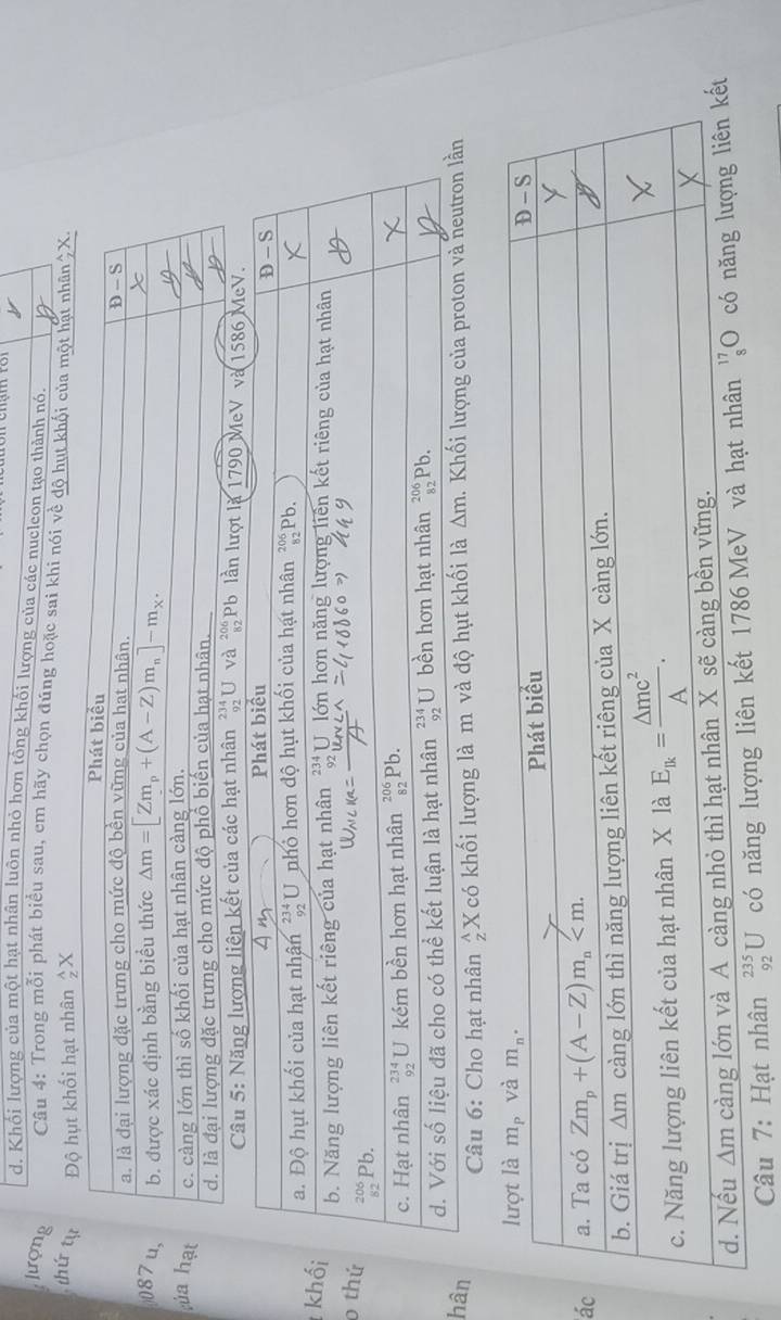 d. Khổi lượng của một hạt nhân luôn nhỏ hơn tổng khối lượng của các nucleon tạo thành nó.
lượng  Câu 4: Trong mỗi phát biểu sau, em hãy chọn đúng hoặc sai khi nói về độ hụt khối của một hạt nhân
thứ tự Độ hụt khối hạt nhân 2X ;x.
0
tủa
Câu 5: Năng lượng li 1790 MeV và 1586 MeV.
 
0
h
Câu 6: Cho hạt nhân _z^(wedge)X T có khối lượng là m v
á