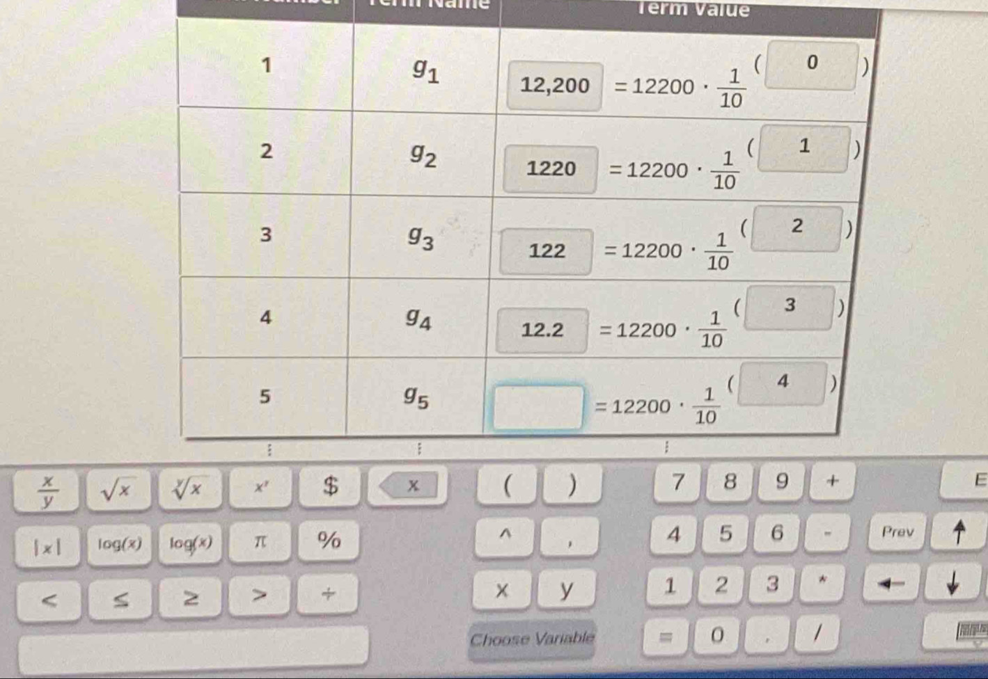 ae Term Value
 x/y  sqrt(x)
E
|x| log (x) log (x) π %
4 5 6 -
^ Prev T
< ≤ 2 > + × y
1 2 3 *
Choose Variable = 0 1