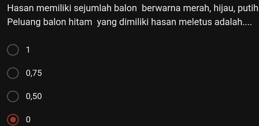 Hasan memiliki sejumlah balon berwarna merah, hijau, putih
Peluang balon hitam yang dimiliki hasan meletus adalah....
1
0,75
0,50
0