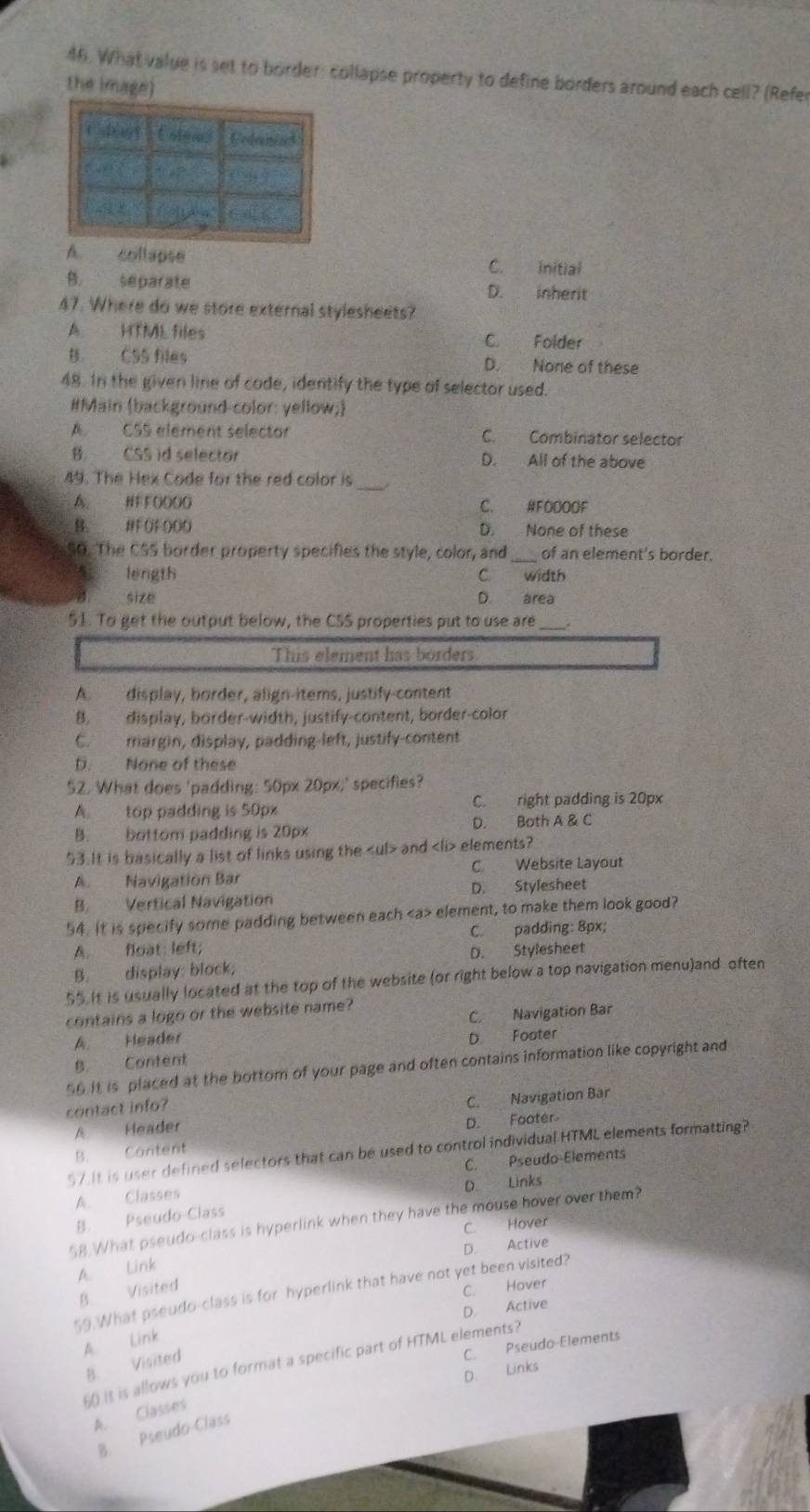 What value is set to border: collapse property to define borders around each cell? (Refer
the image)
C D 1 Csleas Cedanist
a
A. collapse C. initial
B. separate D. inherit
47. Where do we store external stylesheets?
A HTML files C. Folder
B. CSS files D. None of these
48. In the given line of code, identify the type of selector used.
#Main (background-color: yellow;)
A. CSS element selector C. Combinator selector
B. CSS id selector D. All of the above
_
49. The Hex Code for the red color is
A. HFFOOOO C. HFOOOOF
B. HFOFOOO D. None of these
SO. The CSS border property specifies the style, color, and _of an element's border.
length C. width
size D. area
_
51. To get the output below, the CSS properties put to use are
This element has borders
A. display, border, align-items, justify-content
B. display, border-width, justify-content, border-color
C. margin, display, padding-left, justify-content
D. None of these
52. What does 'padding: 50px 20px,' specifies?
A top padding is 50px C. right padding is 20px
B. bottom padding is 20px D. Both A & C
53.It is basically a list of links using the and elements?
C. Website Layout
A. Navigation Bar
B. Vertical Navigation D. Stylesheet
54. It is specify some padding between each element, to make them look good?
A. float: left; C. padding: 8px;
B. display: block; D. Stylesheet
55.It is usually located at the top of the website (or right below a top navigation menu)and often
contains a logo or the website name?
C. Navigation Bar
A Header
B. Content D. Footer
56 it is placed at the bottom of your page and often contains information like copyright and
contact info?
A Header C. Navigation Bar
D. Footer
B. Content
57.It is user defined selectors that can be used to control individual HTML elements formatting?
C. Pseudo Elements
D. Links
A. Classes
B. Pseudo Class
58.What pseudo-class is hyperlink when they have the mouse hover over them?
C. Hover
D. Active
A. link
59.What pseudo-class is for hyperlink that have not yet been visited?
B. Visited
C. Hover
D. Active
A. Link
C. Pseudo-Elements
60 it is allows you to format a specific part of HTML elements?
B. Visited
D. Links
A. Classes
B. Pseudo-Class