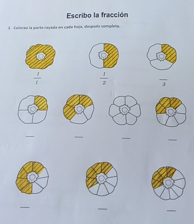 Escribo la fracción 
1. Colorea la parte rayada en cada hoja, después completa.
 1/1 
 1/2 
_ 
3 
_ 
_ 
_ 
_ 
_ 
_ 
_
