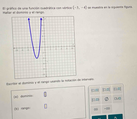 El gráfico de una función cuadrática con vértice (-3,-4) se muestra en la siguiente figura.
Hallar el dominio y el rango.
Escribir el dominio y el rango usando la notación de intervalo.
(□,□) [□ ,□ ] (□ ,□ ]
(a) dominio:
1,□) □U □
(b) rango: - ∞
∞