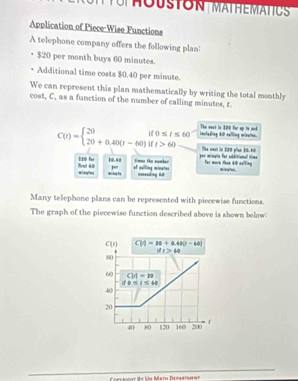 HOUSTON MATHÉMATICS
Application of Piece-Wise Functions
A telephone company offers the following plan:
$20 per month buys 60 minutes.
Additional time costs $0.40 per minute.
We can represent this plan mathematically by writing the total monthly
cost, C, as a function of the number of calling minutes, t,
The cost is $20 for up to and
C(t)=beginarrayl 20if0≤ t≤ 60 20+0.40(t-60)ift>60endarray. including 60 calling minutes.
The sost is $20 plus $0.40
por minute for additional time
$20 for $0.40 timas the namber for mare than 60 celling
frst 60 par of calling minutes minyfes.
minqtes minqte exwooding 60
Many telephone plans can be represented with piecewise functions.
The graph of the piecewise function described above is shown below:
Corerignt By Un Math Department