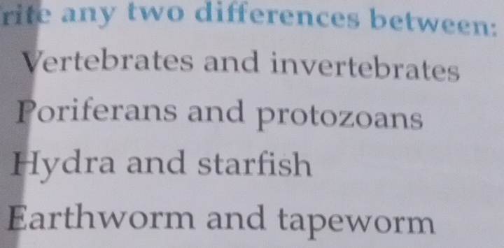 rite any two differences between:
Vertebrates and invertebrates
Poriferans and protozoans
Hydra and starfish
Earthworm and tapeworm