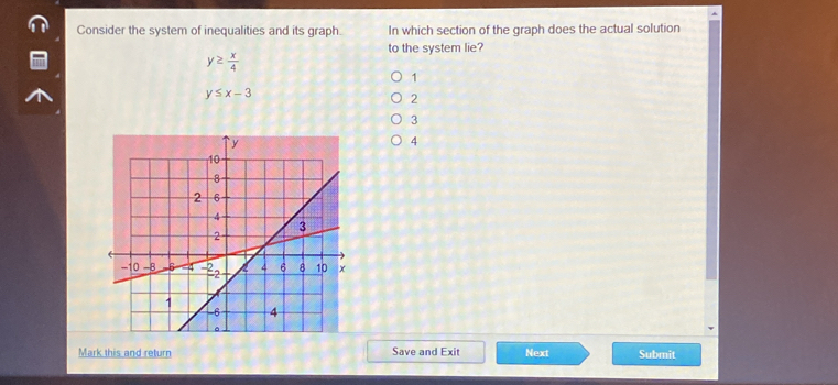 Consider the system of inequalities and its graph. In which section of the graph does the actual solution
to the system lie?
y≥  x/4 
1
y≤ x-3
2
3
4
Mark this and return Save and Exit Next Submit