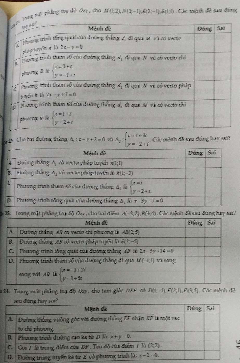 Trong mặt phẳng toạ độ Oxy, cho
M(1;2),N(3;-1),overline n(2;-1),overline u(1;1) Các mệnh đề sau đúng
2 22: Cho hai đường thắng A : x-y+2=0 và △ _2:beginarrayl x=1+3t y=-2+tendarray.. Các mệnh đề sau đúng hay sai?
*
1  24: Trong mặt phẳng toạ độ Oxy, cho tam giác DEF có D(1;-1),E(2;1),F(3;5). Các mệnh đề