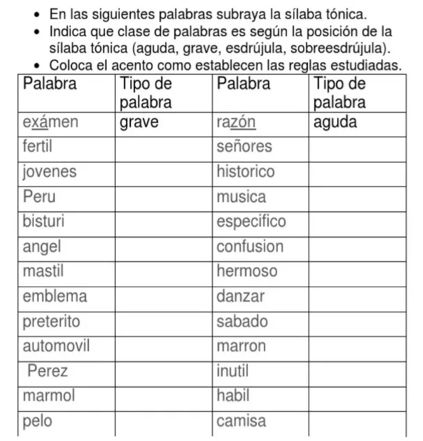 En las siguientes palabras subraya la sílaba tónica. 
Indica que clase de palabras es según la posición de la 
sílaba tónica (aguda, grave, esdrújula, sobreesdrújula). 
pelo