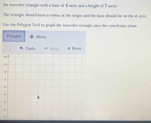 An isosceles triangle with a base of 4 units and a height of 7 units. 
The triangle should have a vertex at the origin and the base should be on the æ-axis. 
Use the Polygon Tool to graph the isosceles triangle onto the coordinate plane. 
Polygon Move 
Undo Redo × Reset 
1