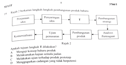 SULIT
3766/1
jah 2 berkaitan langkah-langkah pembangunan produk baharu
Apakah tujuan langkah T dilakukan?
A Menguji konsep baharu produk
B Melaksanakan kajian semula jualan
C Melakukan ujian terhadap produk prototaip
D Menggugurkan cadangan yang tidak berpotensi