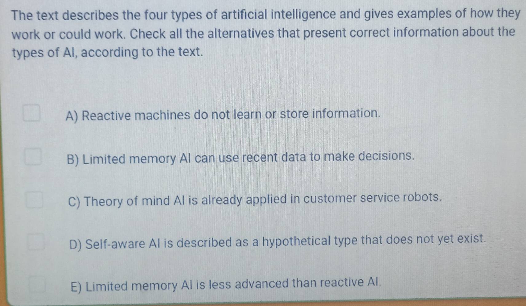 Gelöst:The text describes the four types of artificial intelligence and ...