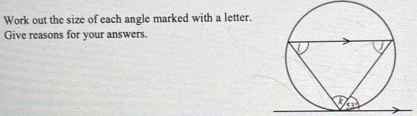 Work out the size of each angle marked with a letter.
Give reasons for your answers.