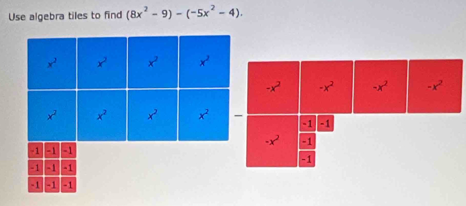 Use algebra tiles to find (8x^2-9)-(-5x^2-4).