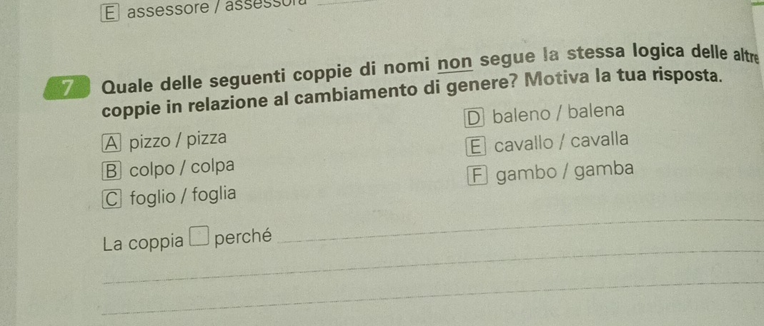 El assessore / assessó
Quale delle seguenti coppie di nomi non segue la stessa logica delle altre
coppie in relazione al cambiamento di genere? Motiva la tua risposta.
A pizzo / pizza Dbaleno / balena
E cavallo / cavalla
B colpo / colpa
C foglio / foglia F gambo / gamba
_
La coppia □ perché
_
_