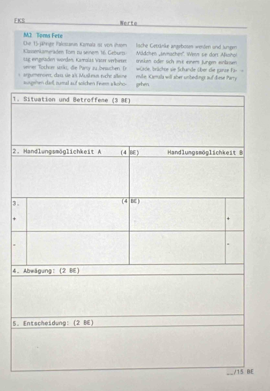 FKS Werte 
M2 Toms Fete 
Die 15 -jährige Pakistanin Kamala ist von ihrem lische Getränke angeboten werden und Jungen 
Klassenkameraden Tom zu seinem 16. Geburts Mädchen änmachen''. Wenn sie dort Alkohol 
tag eingeladen worden. Kamalas Vater verbietet trinken oder sich mit einem Jungen einlassen 
seiner Tochter strikt, die Party zu besuchen. Er würde, brächte sie Schande über die ganze F_2· =
* argumentiert, dass sie als Muslimın nicht alleine milie. Kamala will aber unbedingt auf diese Party 
ausgehen dart zumal auf solchen Feiern alkoho- ehen 
1 
2 
3 
4 
5